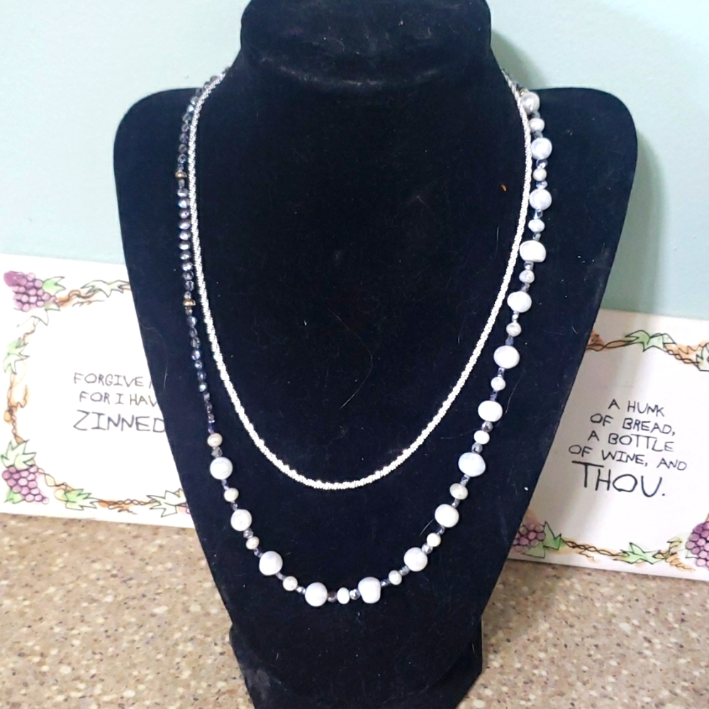 Handmade - Faceted Apache Tear, Obsidian & Pearl Necklace